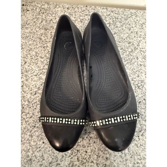 Crocs Womens Shoes 6 Solid Black Rhinestone Detail Closed Toe Slip On Ballet Fla - Picture 5 of 6